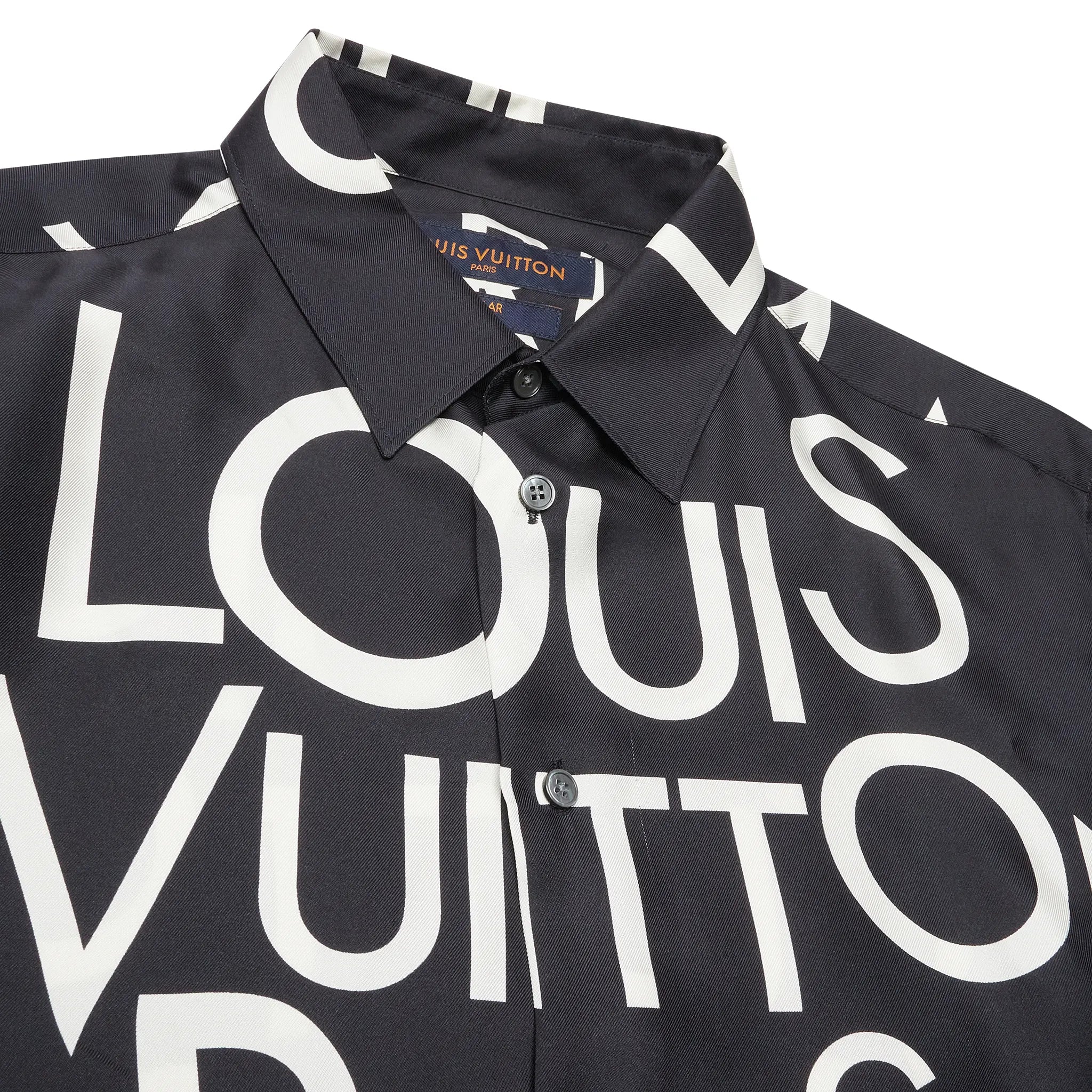 Neck view of Louis Vuitton Typography Silk Navy White Shirt